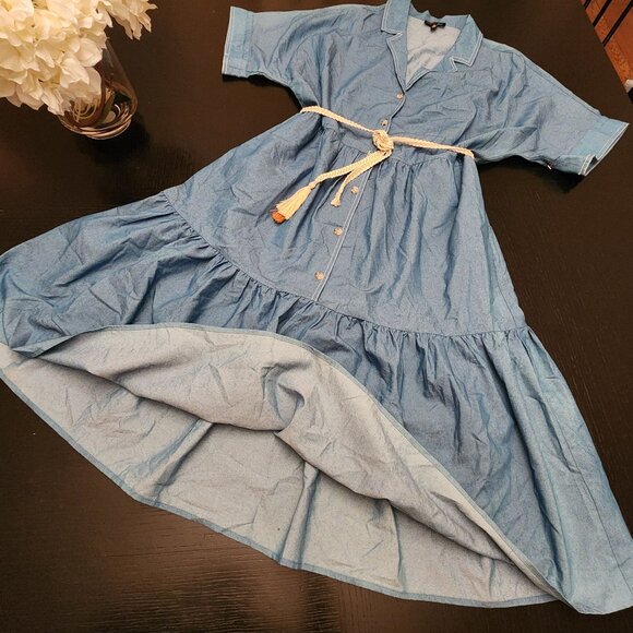 Tahari ASL Tiered Chambray Midi Button-Front Dress W/Rope Belt Sz. 14 - Picture 7 of 10